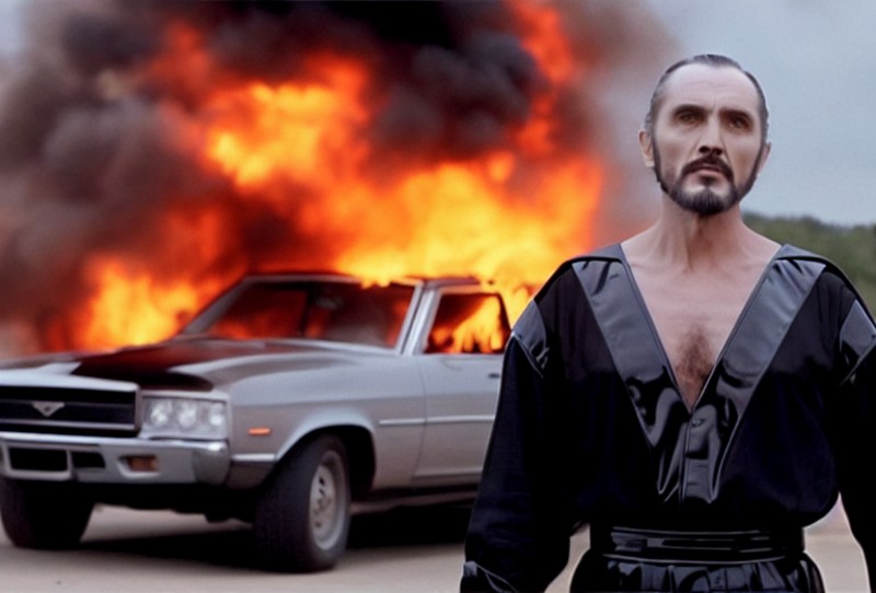 Photograph of zod person has set a car on fire. Zippo lighter <lora:Zod-5-23-6000step:1>